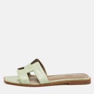Hermes Green Crocodile Leather Oran Flat Slides Size 37