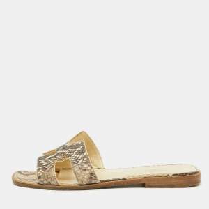 Hermes Beige/Brown Snakeskin Oran Flat Slide Sandals Size 38.5