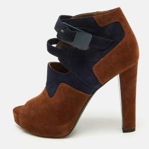 Hermes Brown/Blue Suede Double Ankle Strap Open Toe Booties Size 37