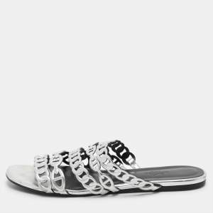 Hermes Silver Leather Chaine d'Ancre Flat Slides Size 37