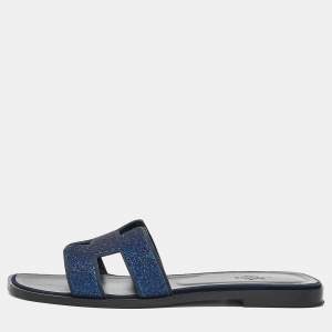 Hermes Blue Crystal Embellished Suede Oran Flat Slides Size 38