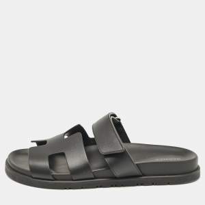 Hermes Black Leather Chypre Flat Sandals Size 40