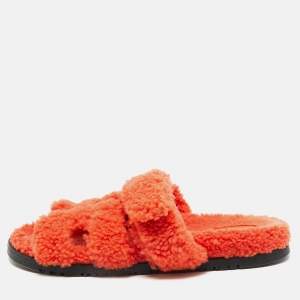 Hermes Orange Shearling Fur Chypre Sandals Size 39