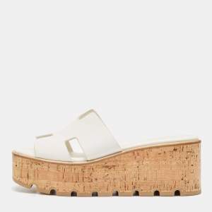 Hermes White Leather Eze Cork Platform Wedge Sandals Size 39