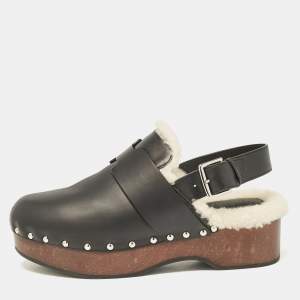 Hermes Black Leather and Shearling Carlotta Clogs Size 40