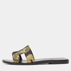 Hermes Black/Yellow Printed Satin Oran Flat Slides Size 40