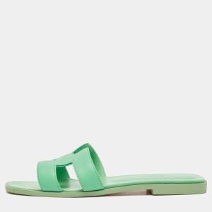 Hermes Green Leather Oran Flat Slides Size 38