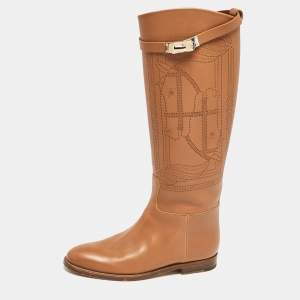 Hermes Brown Leather H Jumping Knee Length Boots Size 38