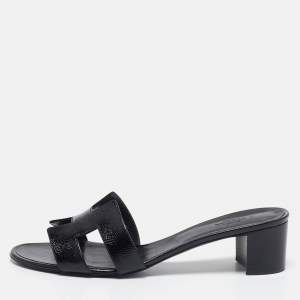 Pre Owned Hermes Black Patent Leather Oasis Slide Sandals Size 40.5