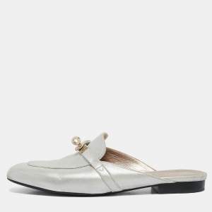 Hermes Silver Textured Suede Oz Flat Mules Size 39