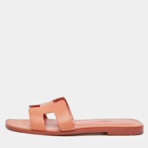 Hermes Orange Leather Oran Flat Slides Size 38
