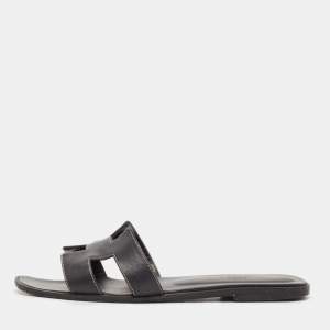 Hermes Black Leather Oran Flat Slides Size 40