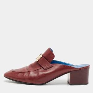 Pre Owned Hermes Burgundy Leather Paradis Block Heel Mule Sandals Size 39