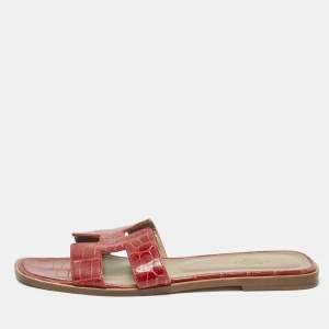 Hermes Red Crocodile Oran Flat Slides Size 39