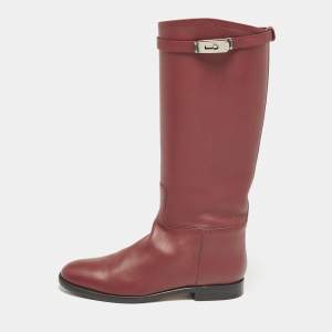Hermes Burgundy Leather Kelly Jumping Knee Length Boots Size 38.5