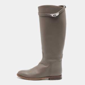 Hermes Grey Leather Kelly Jumping Knee Length Boots Size 39