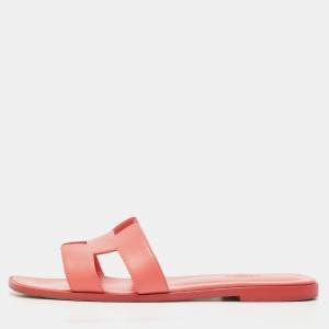 Hermes Rose Pink Leather Oran Flat Slide Sandals Size 40