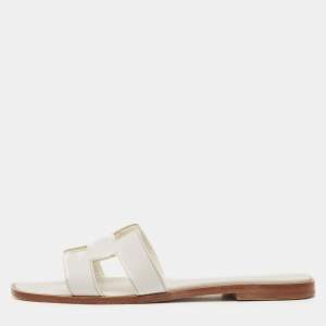 Hermes White Leather Oran Flat Slide Sandals Size 37