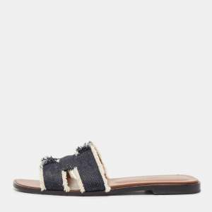 Hermes Navy Blue Denim Oran Flat Slides Size 39