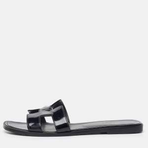 Hermes Black Patent Leather Oran Flat Slide Sandals Size 40