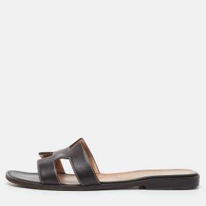 Hermes Dark Brown Leather Oran Flat Slide Sandals Size 40