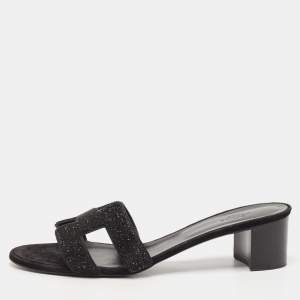 Hermes Silver/Black Glitter and Suede Oasis Slide Sandals Size 41