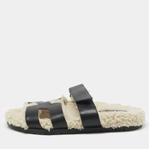 Hermes Black Shearling Fur and Suede Chypre Flat Sandals Size 40