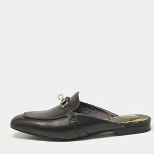Hermes Black Leather Oz Flat Mules Size 38.5