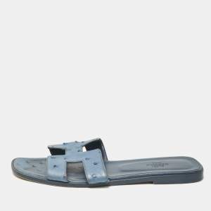 Hermes Blue Ostrich Leather Oran Flat Slide Sandals Size 40