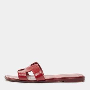 Hermes Burgundy Patent Leather Oran Flat Slides Size 35