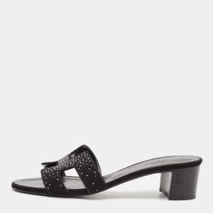 Pre Owned Hermes Black Suede Crystal Oasis Slide Sandals Size 36
