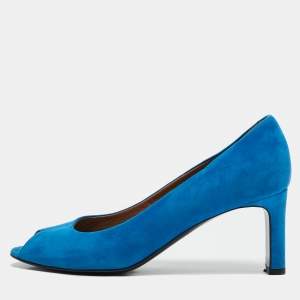 Hermes Blue Suede Peep Toe Pumps Size 38.5
