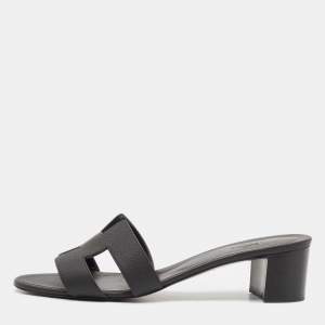 Hermes Black Leather Oasis Block Heel Slide Sandals Size 39