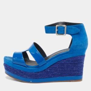 Hermes Blue Suede And Patent Leather Ilana Espadrille Wedge Sandals Size 38