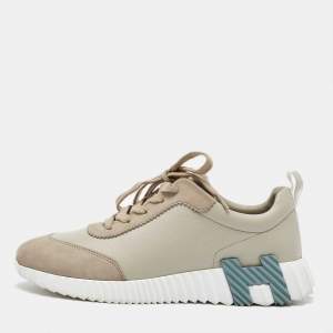 Hermes Beige Leather and Suede Bouncing Low Top Sneakers Size 38