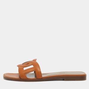 Hermes Brown Leather Aloha Flat Slides Size 36.5