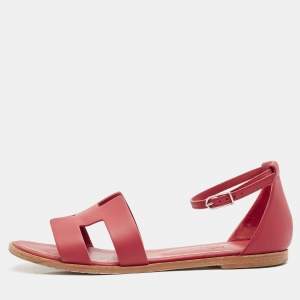 Hermes Red Leather Santorini Flat Sandals Size 38.5