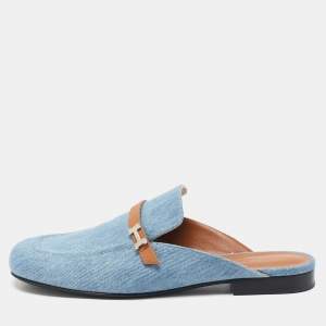 Hermes Blue/Tan Leather Trimmed Denim Lena Mule Size 41