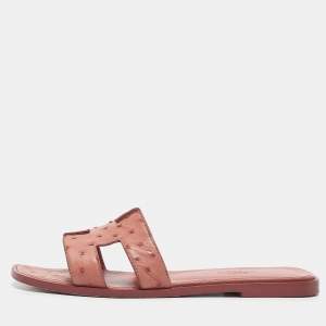 Hermes Dusty Pink Ostrich Oran Flat Slides Size 36.5