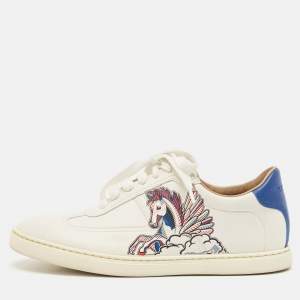 Hermes White/Blue Leather Quicker Lace Up Sneakers Size 37