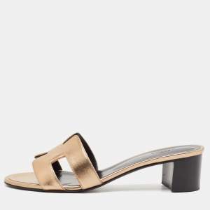 Hermes Metallic Rose Gold Leather Oasis Slide Sandals Size 37.5
