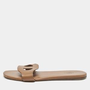 Hermes Brown Leather Lisboa Flat Slides Size 39