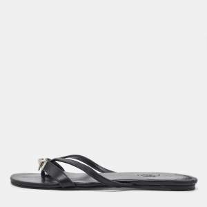 Hermes Black Leather Strappy Flat Slide Sandals Size 37