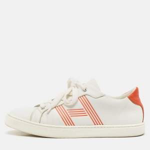 Hermes White/Orange Leather Avantage Sneakers Size 38