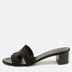 Hermes Black Suede Crystal Embellished Oasis Slide Sandals Size 39.5