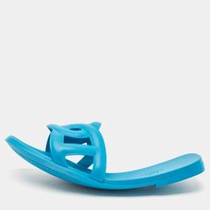 Hermes Blue Rubber Aloha Flat Slides Size 40