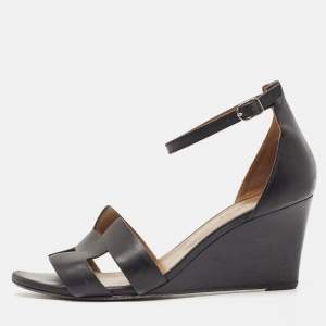 Hermes Black Leather Legend Ankle Strap Wedge Sandals Size 39.5