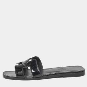 Pre Owned Hermès Black Patent Leather Oran Flat Slides Size 37