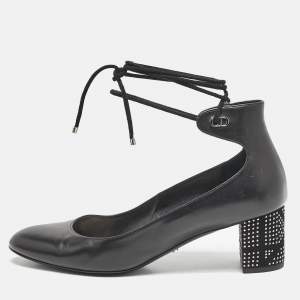Dior Black Leather Block Heel Ankle Strap Pumps Size 38.5