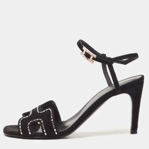 Hermes Black Suede Crystal Embellished Heden Sandals Size 37